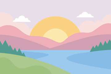 Serene Sunset Landscape Mountains, Lake, and Peaceful Evening Scene