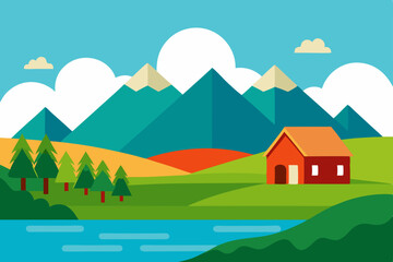 Fototapeta premium Serene Mountain Landscape Picturesque Farm House by the Lake