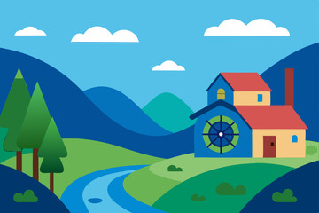 Naklejka premium Serene Mountain Village Idyllic Landscape with Watermill