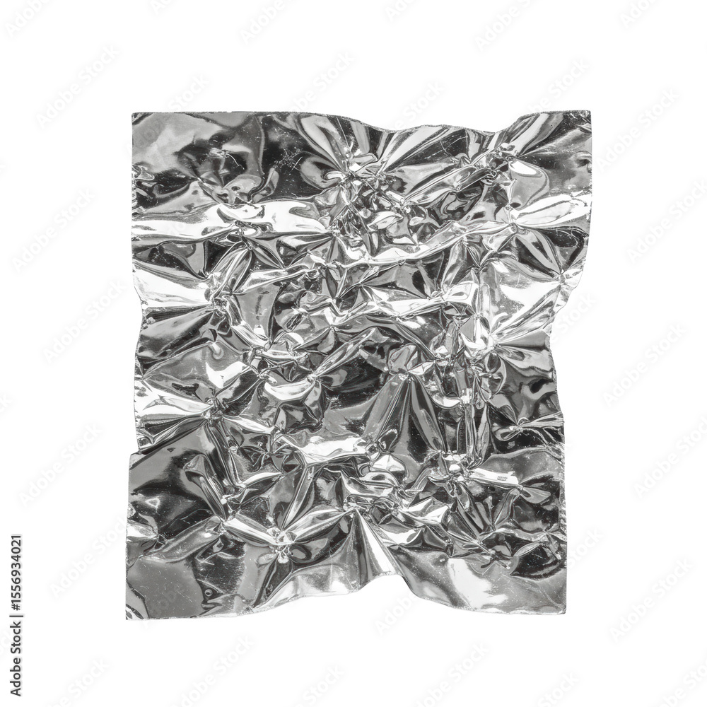 Poster crumpled silver metallic foil, highly reflective with intricate creases and scratches, precise studi