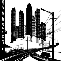 Silhouette of modern apartments and metro rail track