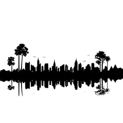Skyline silhouette with minimal trees and layered background