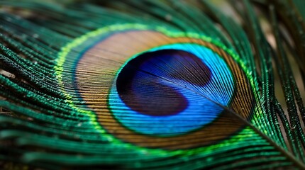 Naklejka premium A close-up photograph of a peacock feather, with its vibrant blue and green eye pattern
