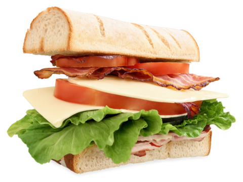 BLT Sandwich A thick BLT with crispy, smoky bacon, vibrant green lettuce, and ripe, juicy tomato slices on toasted bread.