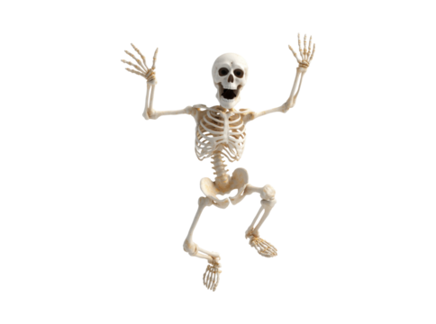 Happy skeleton jumping joyfully against black background, Isolated On Transparent Background, Cut Out