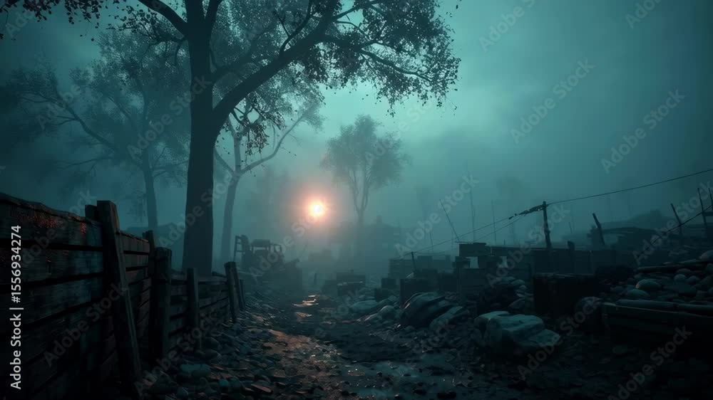 Poster atmospheric landscape with fog and sunlight breaking through trees at dusk in an abandoned setting w
