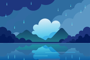 Serene Rainy Mountain Lake A Nighttime Landscape Illustration