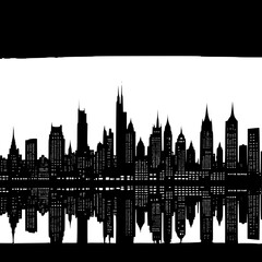  Night city skyline with glowing windows in silhouette style
