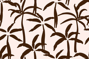 Simple tropical seamless pattern. Dark brown silhouette of palm trees on light pink background. For fabric prints, textile products, beachwear. Summer vacation.
