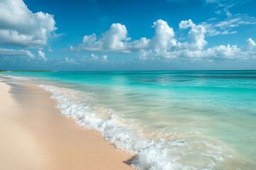 Obraz premium A tranquil beach with clear turquoise waters, soft sand, and fluffy clouds in the bright blue sky, evoking a peaceful and idyllic tropical paradise
