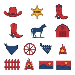 Collection of western themed icons including cowboy hat sheriff badge boots horse barn bandana wagon wheel campfire and landscape