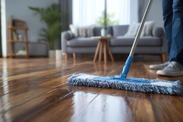 before and after cleaning concept - man cleaning wooden floor with mop in living room - copy space over wooden parquet
