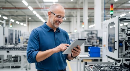 Smiling factory worker uses a tablet, reviewing production data amidst modern machinery. A scene of technological integration in manufacturing.