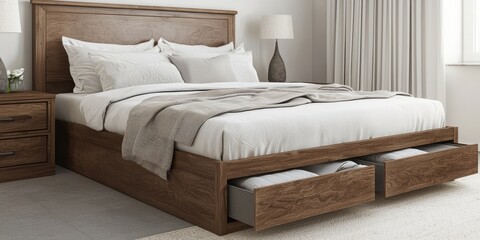 Modern wooden bed with white bedding and two storage drawers open, set in a bright, minimal bedroom with a nightstand and lamp.