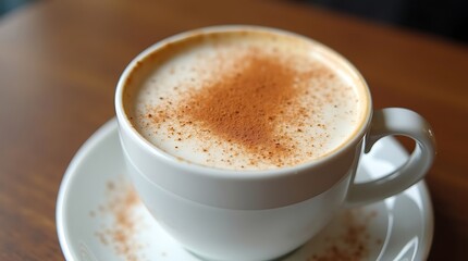 Fototapeta premium A close-up photograph of a frothy cappuccino in a white cup, with cinnamon dusting on top