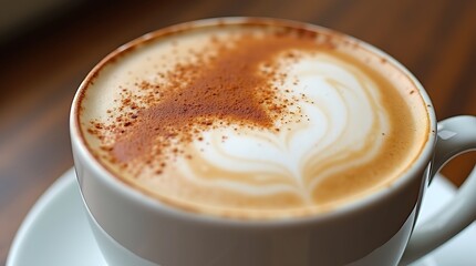 A close-up photograph of a frothy cappuccino in a white cup, with cinnamon dusting on top