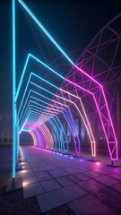 Neon Rainbow Archway Tunnel: Vibrant Night Cityscape, Futuristic LED Lighting, Modern Architectural Design.