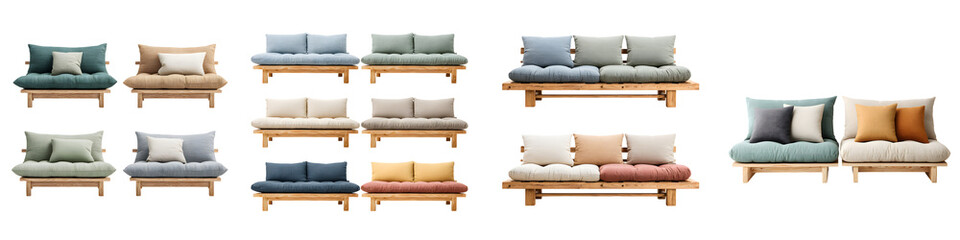 Multiple color futon sofas set on white background, Scandinavian minimalist couch, home decor, interior design, studio