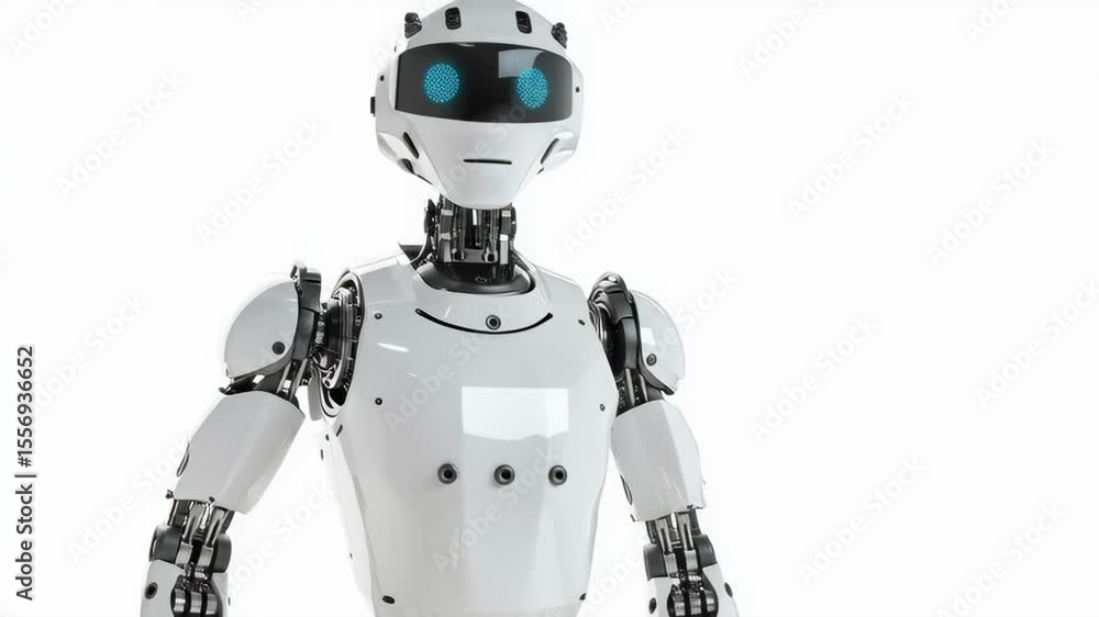Poster a robot is holding a box in its hands. the robot is white and has blue eyes. the robot is standing o