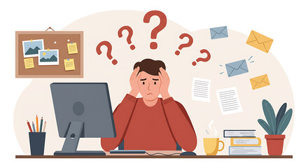 A stressed employee holds his head in frustration, showing remote work burnout. This flat vector uses icons to visualize pressure and mental fatigue. Set for remote work burnout, Remote work stress