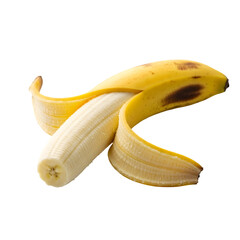 Photo of a ripe yellow banana with its peel partially opened revealing the creamy white flesh isolated on transparent background