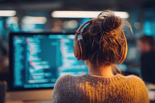 Creative Office: Professional Female Programmer Uses Headphones, Working on Desktop Computer. Focused Coder, Software Engineer Developing App, Video Game. Listening to Podcast or Music. Back View. 