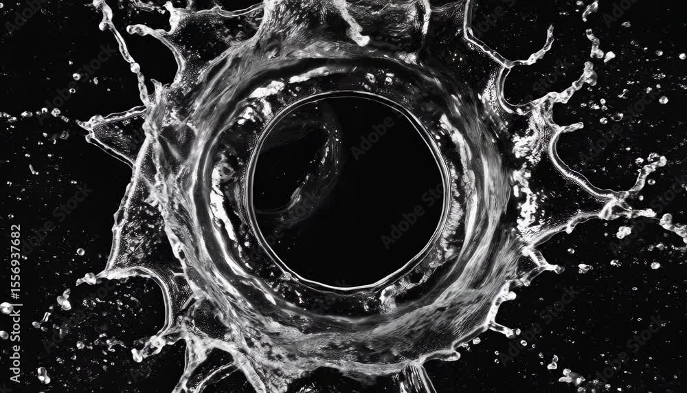 Poster dynamic slow motion water splash with a black background and a circular shape