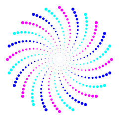 Minimal abstract cyan, magenta and blue dotted spiral. Creative geometric pattern useful for technology background, or abstract element in modern graphic projects.