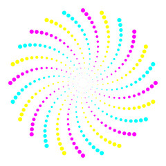 Minimal abstract cyann magenta and yellow dotted spiral. Creative geometric pattern useful for technology background, or abstract element in modern graphic projects.