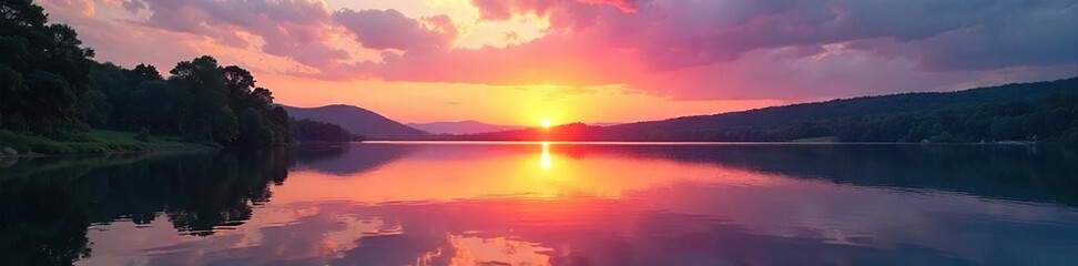 Serene summer lake scene at sunset, calm water reflecting vibrant colors of the sky Ideal for travel, nature, and vacation themes Perfect for calendar, postcard, or website use , scene, orange