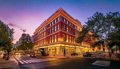Naklejka premium Downtown corner hotel with fire escape and city street