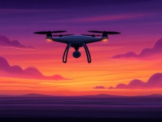 A sleek drone captured in mid-flight against a breathtaking sunset backdrop showcasing an array of vibrant colors transforming the skyline into a dreamlike canvas of possibilities