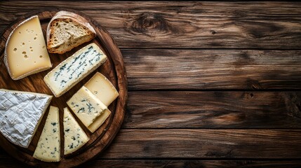 Fototapeta premium Assorted Cheese Varieties on Wooden Serving Board with Bread