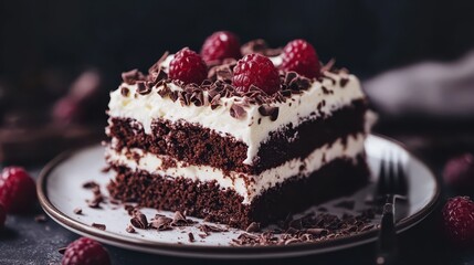 Delicious Chocolate Cake Slice Decorated with Raspberries and Chocolate