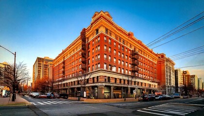 Downtown corner hotel with fire escape and city street