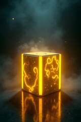 Abstract background of blue glowing 3D ice cubes and stars reflecting in a glass of water