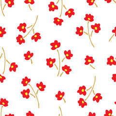 Simple floral vector seamless pattern. Small red flowers, branches on white background. For fabric prints, textile products.