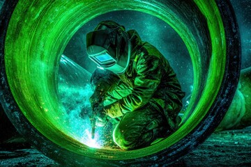 Industrial 4.0 Digital Visualization: Heavy Industry Welder Working, Welding Inside Pipe. Construction of NLG Natural Gas and Fuels Transport Pipeline. Clean Green Power and Energy Concept