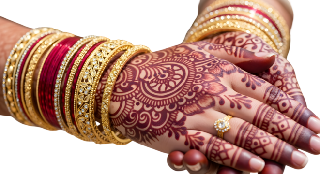 Photo of closeup view of henna decorated hands adorned with intricate gold and red bangles isolated on transparent background