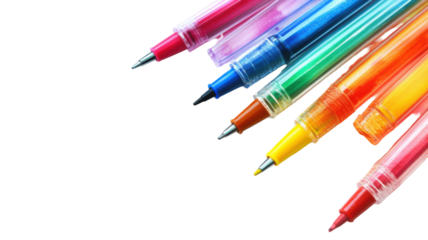 Watercolor assorted pens in artistic colorful arrangement on white background
