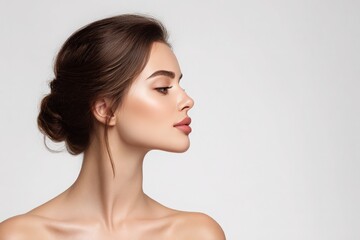 Make up and skin care concept - side view of beautiful women with perfect skin isolated on white background 