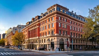 Obraz premium Downtown corner hotel with fire escape and city street