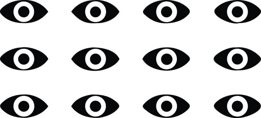 Twelve stylized black and white eyes in a grid pattern silhouette isolated on transparent background