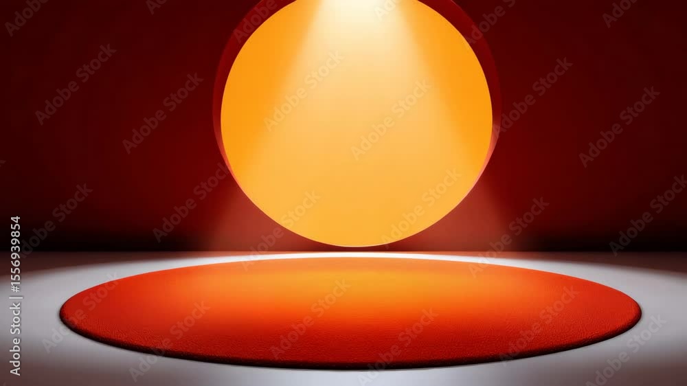Poster illuminated orange sphere casting light on circular red platform in minimalist setting