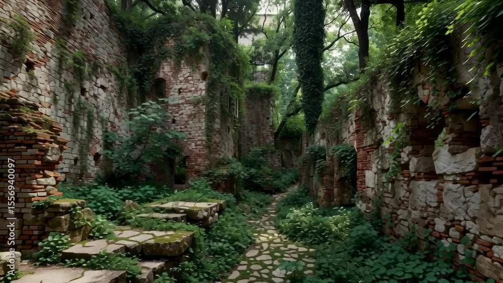 Poster overgrown ancient ruins in a dense forest surrounded by lush greenery and weathered stone walls with