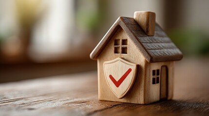 Miniature house with shield icon and check mark on a wood table against white background. Concept of home security system technology.
