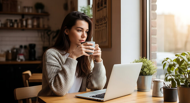 Smiling businesswoman working on laptop while drinking coffee in office setting - Powered by Adobe