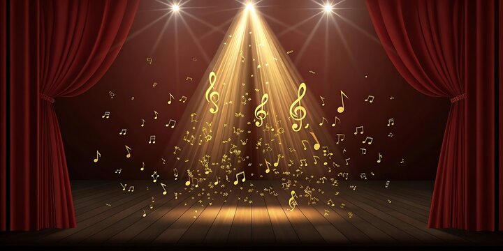 Music stage with red curtains and golden notes for concert performance