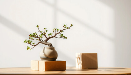 Small bonsai tree in a ceramic vase on a wooden table with shadows against a white wall