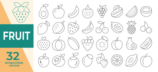 Fruit Icon set, Editable stroke line fruit crops: apple, banana, mango, grape, orange, strawberry, watermelon, blueberry, lime, kiwi, papaya, pomegranate, coconut, thin linear more Vector illustration